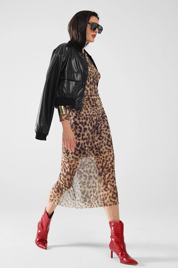 Sheer Long Sleeve Leopard Print Bodycon Midi Dress from Q2 exclusive Sheer Long Sleeve Leopard Print Bodycon Midi Dress from Q2 exclusive