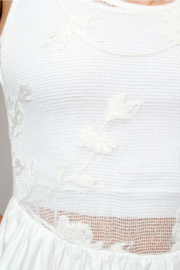 Sheer Mesh Embroidered Poplin Midi Dress-Dress-Blue B-S-OFF WHITE-Urbanheer
