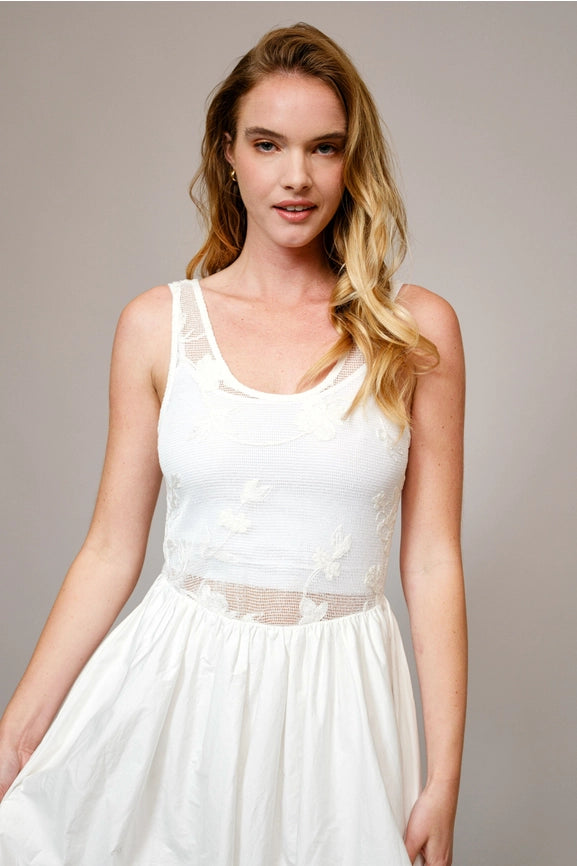 Sheer Mesh Embroidered Poplin Midi Dress-Dress-Blue B-S-OFF WHITE-Urbanheer