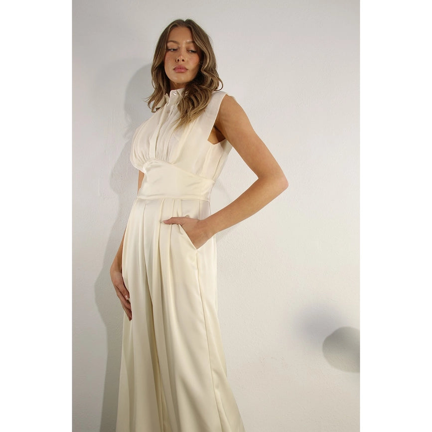 Sheer Pleated Top Satin Jumpsuit-Jumpsuit-Mulla-S-CHAMPAGNE-Urbanheer