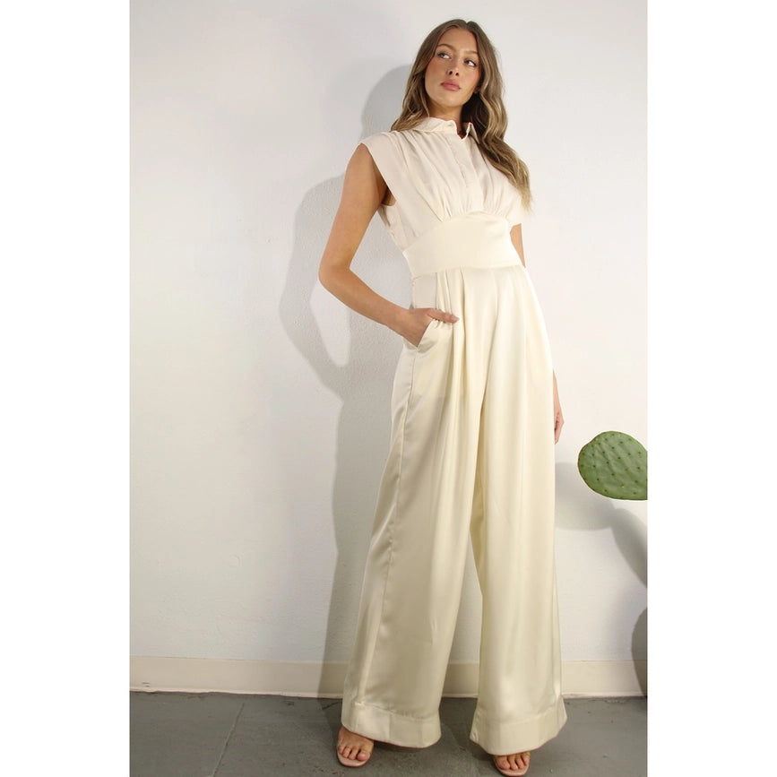 Sheer Pleated Top Satin Jumpsuit-Jumpsuit-Mulla-S-CHAMPAGNE-Urbanheer