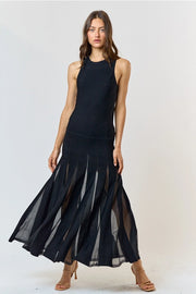 Sheer Stripe Pleated Skirt Sweater Maxi Dress-Dress-Lalavon-S-BLACK-Urbanheer