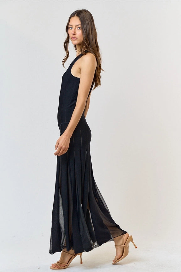 Sheer Stripe Pleated Skirt Sweater Maxi Dress-Dress-Lalavon-S-BLACK-Urbanheer