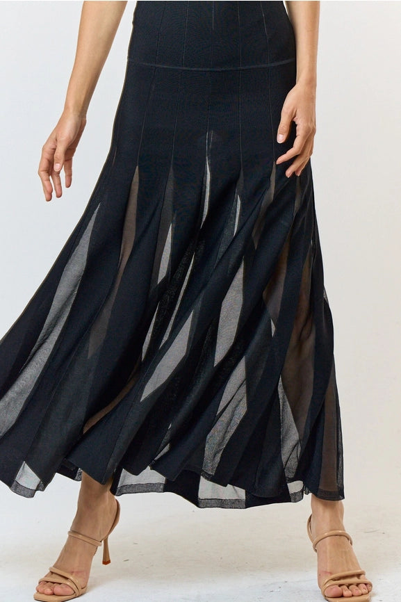Sheer Stripe Pleated Skirt Sweater Maxi Dress-Dress-Lalavon-S-BLACK-Urbanheer