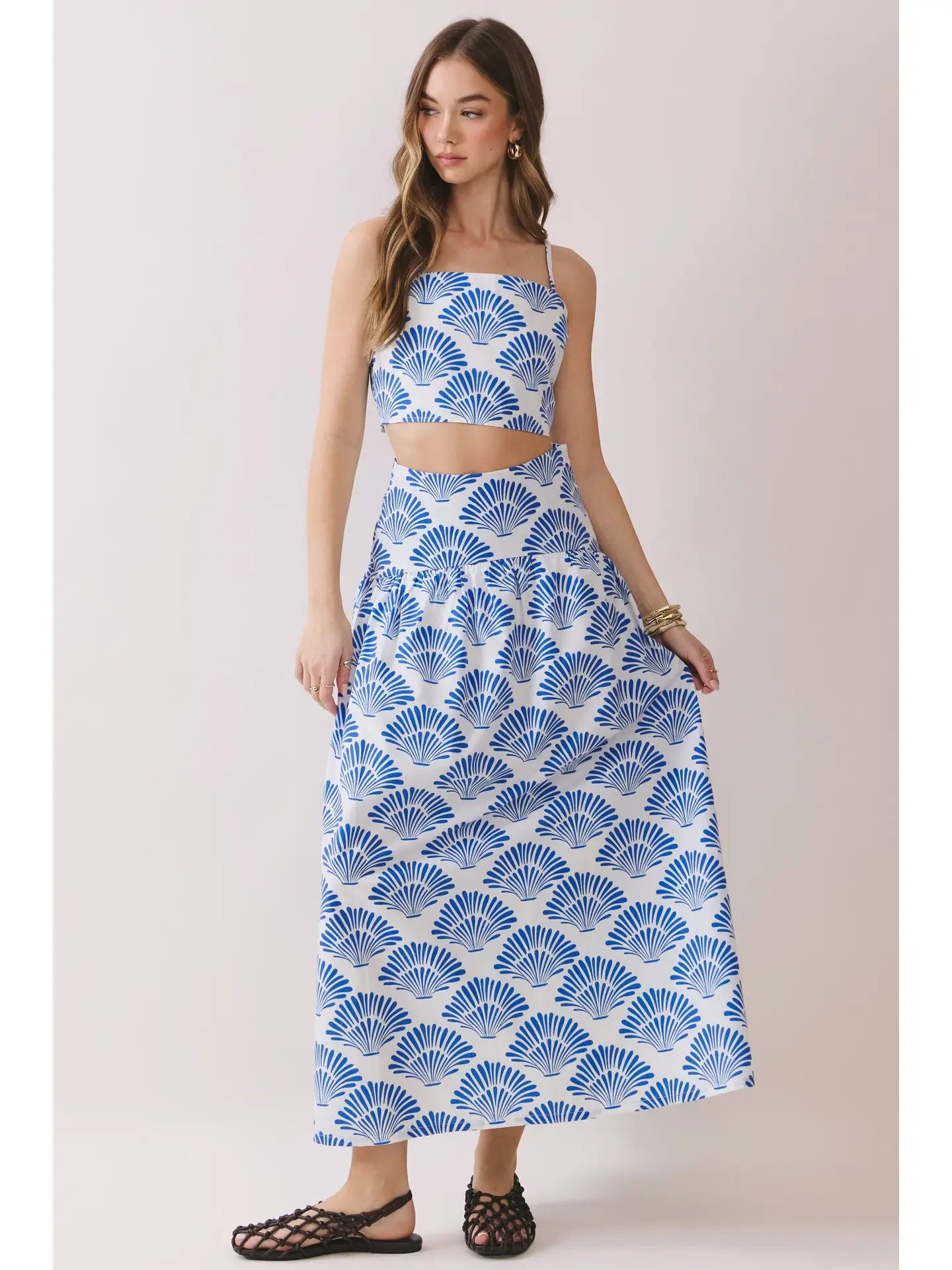 Shell Print Tiered High Waist Midi Skirt