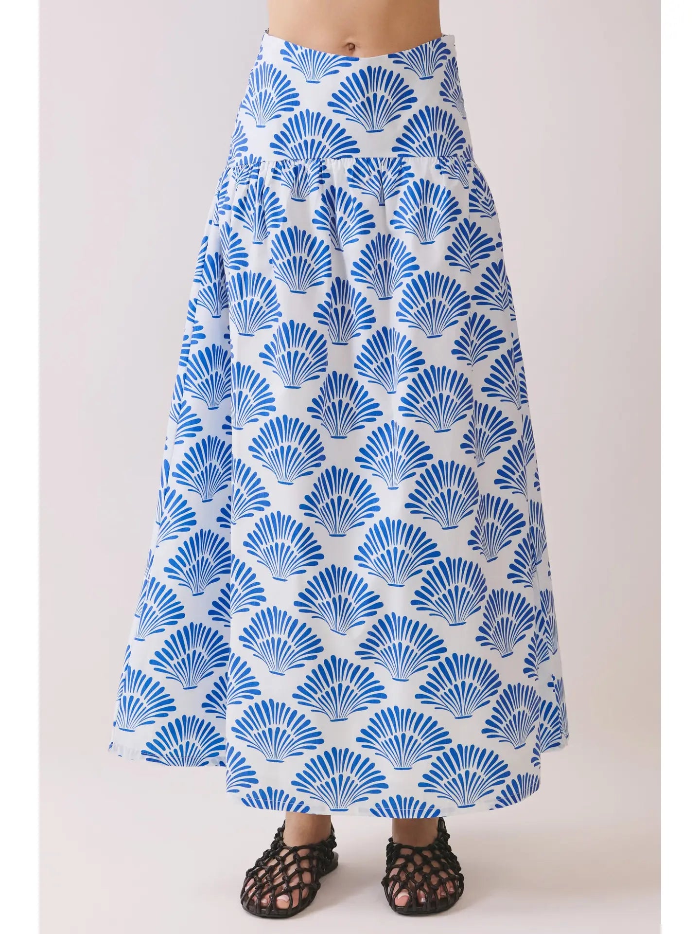 Shell Print Tiered High Waist Midi Skirt