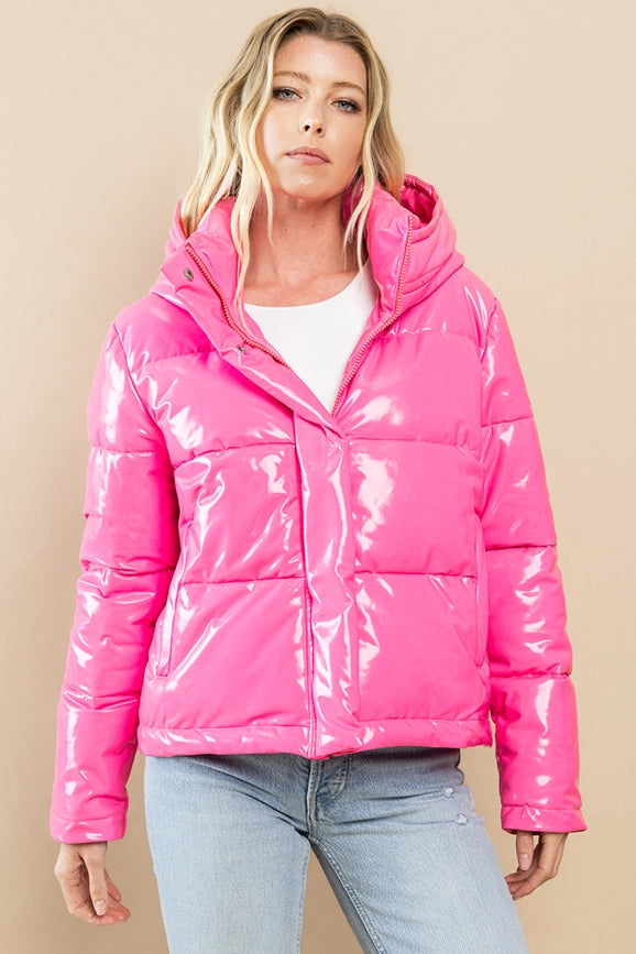 Shinny Puffer Jacket-Puffer Jacket-TCEC-S-Barbie Pink-Urbanheer