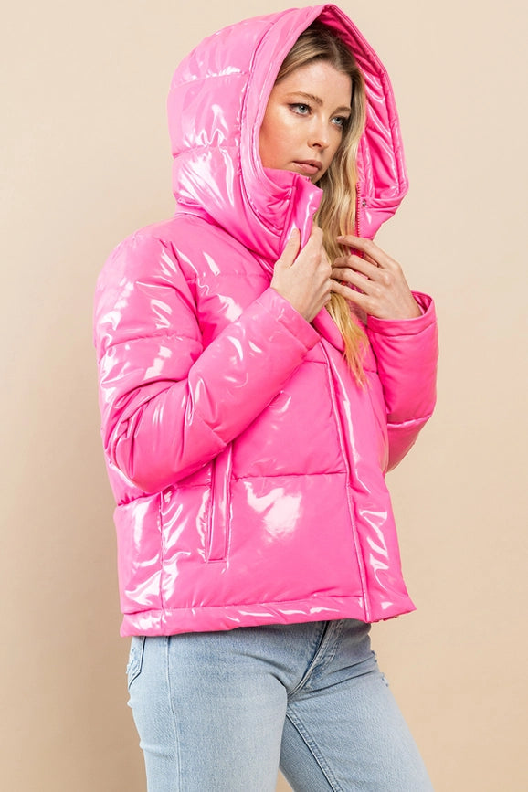 Shinny Puffer Jacket-Puffer Jacket-TCEC-S-Barbie Pink-Urbanheer