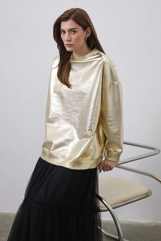 Shiny Coated Ribbed Sweatshirt Gold-Sweatshirt-Kadriye Baştürk-1-Urbanheer