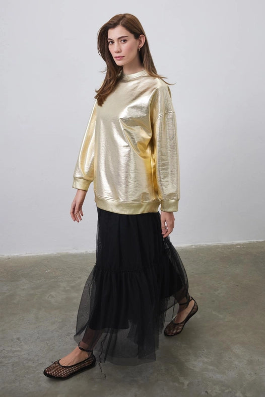 Shiny Coated Ribbed Sweatshirt Gold-Sweatshirt-Kadriye Baştürk-1-Urbanheer