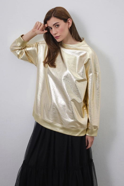 Shiny Coated Ribbed Sweatshirt Gold-Sweatshirt-Kadriye Baştürk-1-Urbanheer