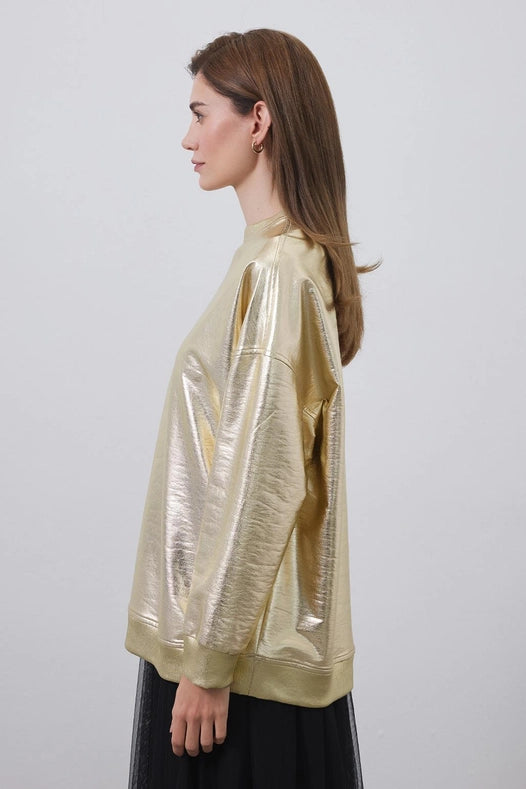 Shiny Coated Ribbed Sweatshirt Gold-Sweatshirt-Kadriye Baştürk-1-Urbanheer