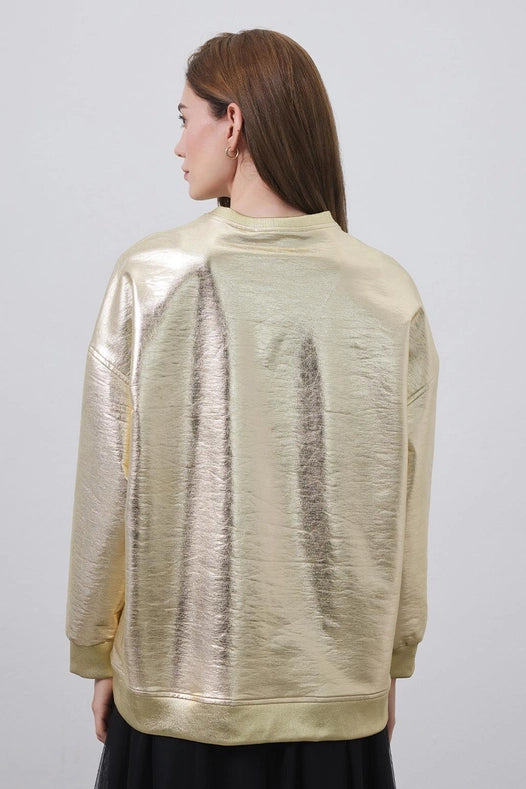 Shiny Coated Ribbed Sweatshirt Gold-Sweatshirt-Kadriye Baştürk-1-Urbanheer