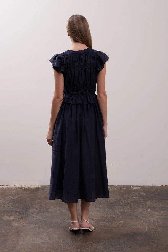 Shirred Front Tie Ruffle Detail Midi Dress-Dress-Moon River-XS-NAVY-Urbanheer