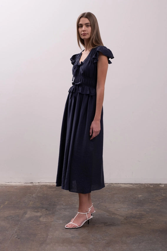 Shirred Front Tie Ruffle Detail Midi Dress-Dress-Moon River-XS-NAVY-Urbanheer