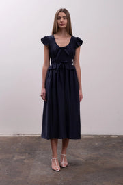 Shirred Front Tie Ruffle Detail Midi Dress-Dress-Moon River-XS-NAVY-Urbanheer