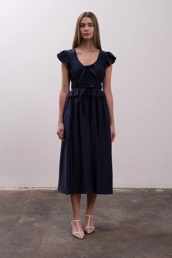 Shirred Front Tie Ruffle Detail Midi Dress-Dress-Moon River-XS-NAVY-Urbanheer