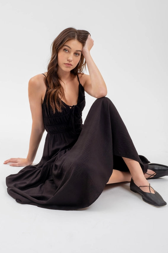 Shirred Front Tie Sleeveless Midi Dress BLACK-Dress-Moon River-S-BLACK-Urbanheer