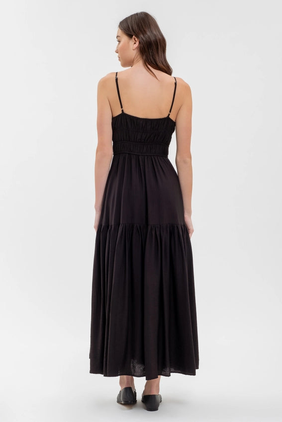 Shirred Front Tie Sleeveless Midi Dress BLACK-Dress-Moon River-S-BLACK-Urbanheer