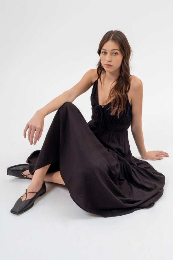 Shirred Front Tie Sleeveless Midi Dress BLACK-Dress-Moon River-S-BLACK-Urbanheer