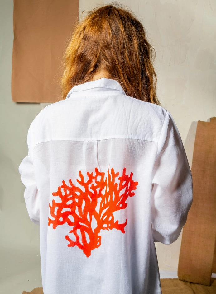 Shirt Dress with Hand Painted Red Coral Reef-Dress-Moa-Red Coral Reef-Bust: 46" inches - 116cm Hips : 48" inches - 122 cm Sleeve length: 22.5" inches - 57 cm Length : 36.25" inches - 92cm-Urbanheer