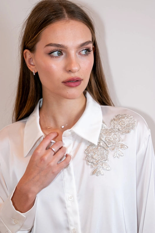 Shirt, Silky Ivory, Silver Lace Flowers-Shirts-Moving Forward Designs-XL-Urbanheer