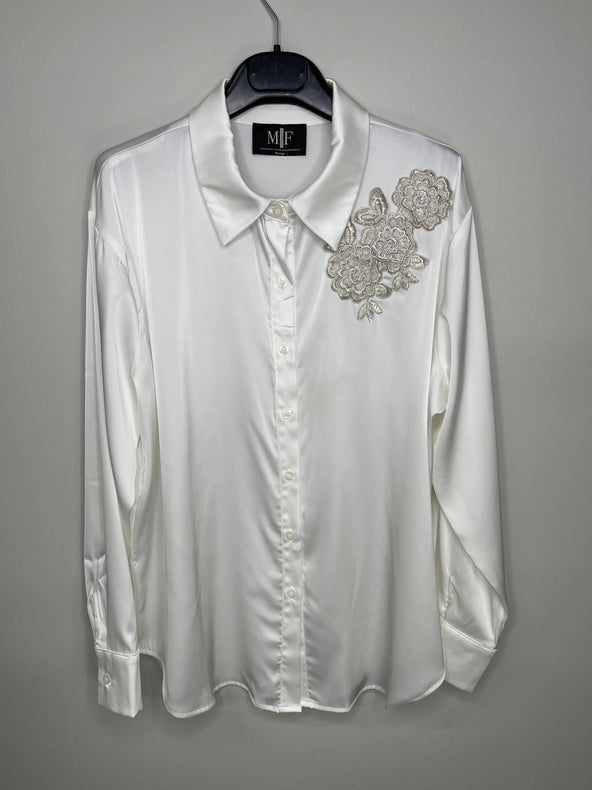 Shirt, Silky Ivory, Silver Lace Flowers-Shirts-Moving Forward Designs-XL-Urbanheer
