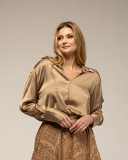 Shirt with Button Closure Silk, Wide Cuffs BROWN-Shirt-Tantra-S-BROWN-Urbanheer