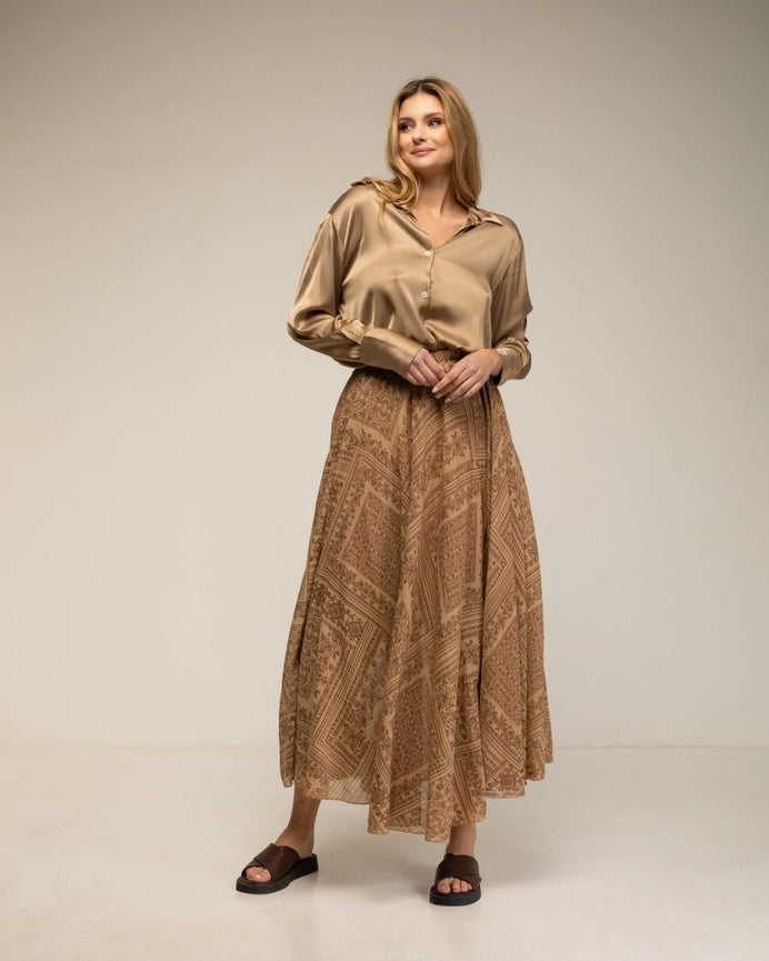 Shirt with Button Closure Silk, Wide Cuffs BROWN-Shirt-Tantra-S-BROWN-Urbanheer