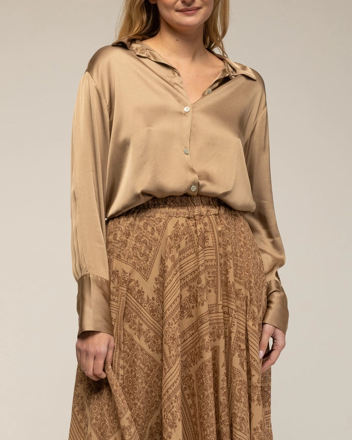 Shirt with Button Closure Silk, Wide Cuffs BROWN-Shirt-Tantra-S-BROWN-Urbanheer