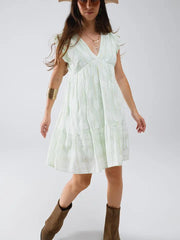 Short Babydoll Dress with Leaf Print and Lurex Thread in Mint-Dress-Q2-S-Green-Urbanheer