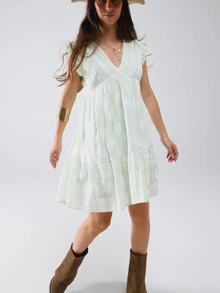Short Babydoll Dress with Leaf Print and Lurex Thread in Mint-Dress-Q2-S-Green-Urbanheer