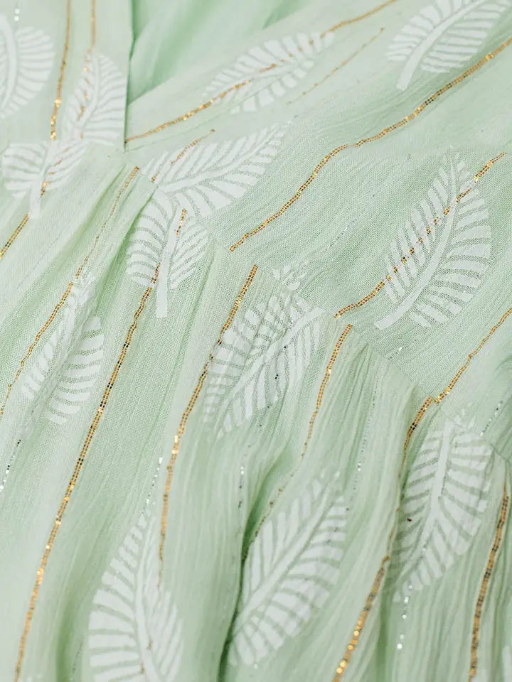 Short Babydoll Dress with Leaf Print and Lurex Thread in Mint-Dress-Q2-S-Green-Urbanheer