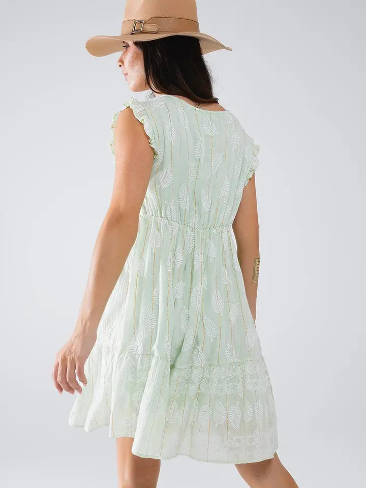 Short Babydoll Dress with Leaf Print and Lurex Thread in Mint-Dress-Q2-S-Green-Urbanheer