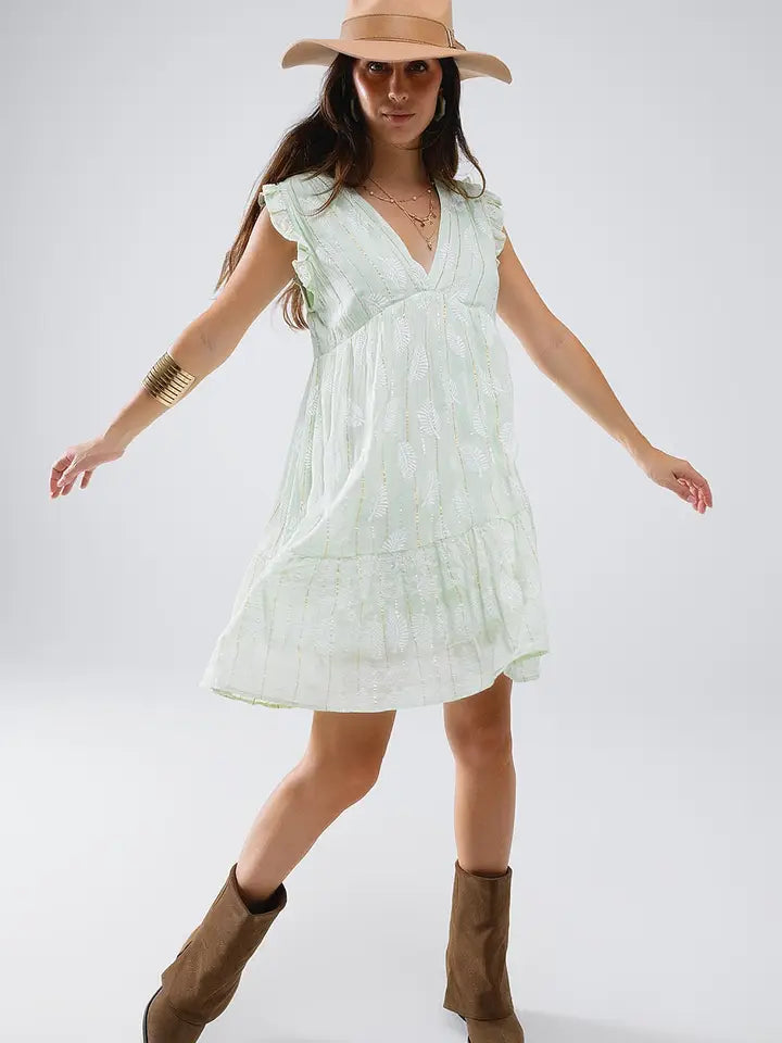 Short Babydoll Dress with Leaf Print and Lurex Thread in Mint-Dress-Q2-S-Green-Urbanheer