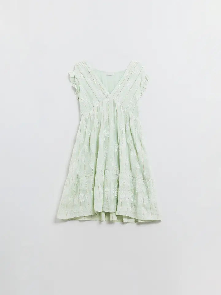 Short Babydoll Dress with Leaf Print and Lurex Thread in Mint-Dress-Q2-S-Green-Urbanheer