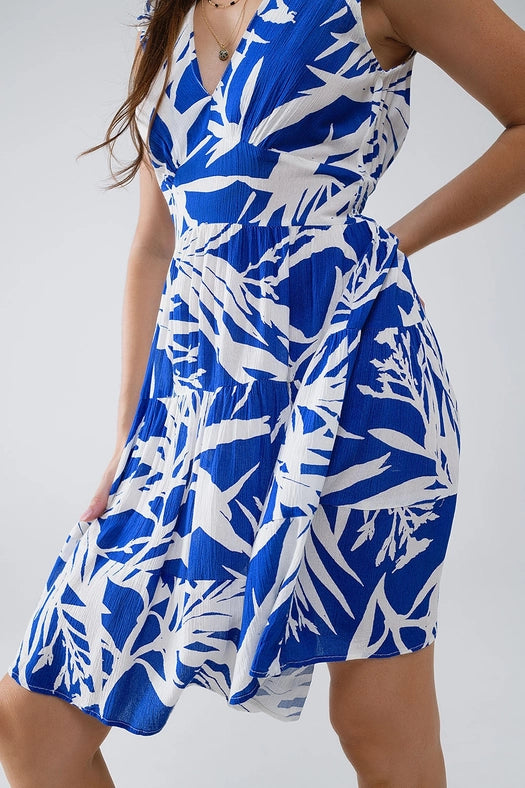 Short Blue Dress with Tropical Palm Print-Dress-Q2-S-Blue-Urbanheer