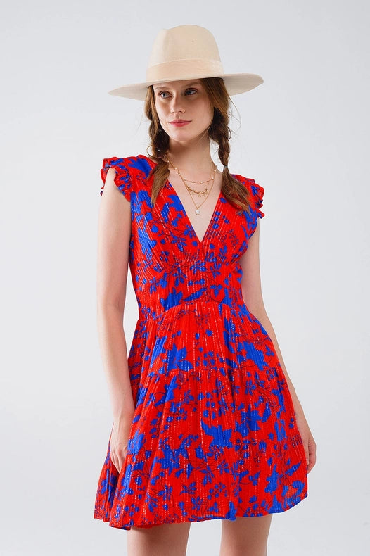 Short Dress in Red with Blue Floral Print and V-Neck-Dress-Q2-S-Red-Urbanheer