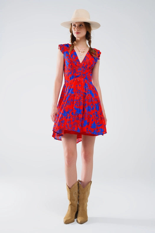 Short Dress in Red with Blue Floral Print and V-Neck-Dress-Q2-S-Red-Urbanheer