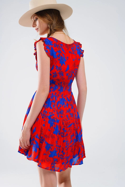 Short Dress in Red with Blue Floral Print and V-Neck-Dress-Q2-S-Red-Urbanheer