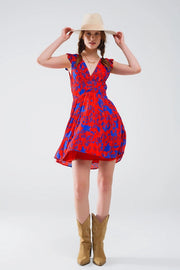 Short Dress in Red with Blue Floral Print and V-Neck-Dress-Q2-S-Red-Urbanheer