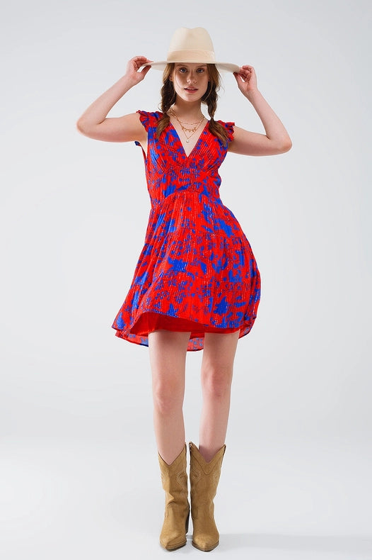 Short Dress in Red with Blue Floral Print and V-Neck-Dress-Q2-S-Red-Urbanheer