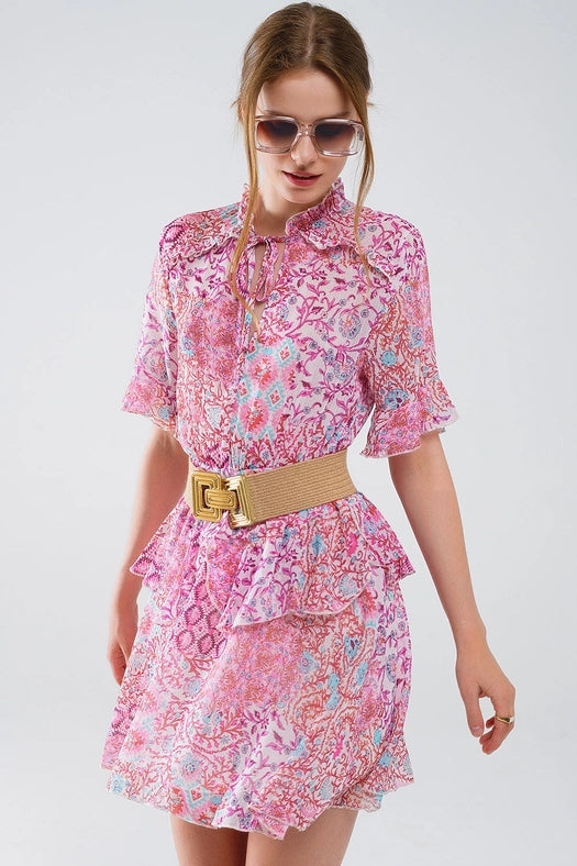 Short Dress with Abstract Print and Ruffled Skirt in Shades of Pink-Dress-Q2-L-Pink-Urbanheer