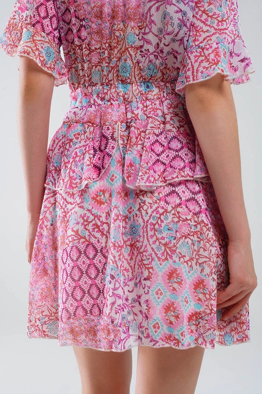 Short Dress with Abstract Print and Ruffled Skirt in Shades of Pink-Dress-Q2-L-Pink-Urbanheer