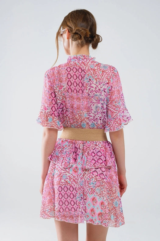 Short Dress with Abstract Print and Ruffled Skirt in Shades of Pink-Dress-Q2-L-Pink-Urbanheer