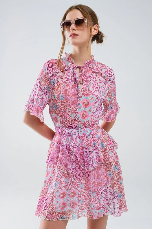 Short Dress with Abstract Print and Ruffled Skirt in Shades of Pink-Dress-Q2-L-Pink-Urbanheer