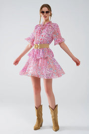 Short Dress with Abstract Print and Ruffled Skirt in Shades of Pink-Dress-Q2-L-Pink-Urbanheer