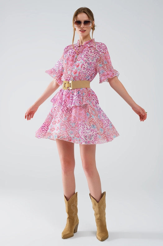 Short Dress with Abstract Print and Ruffled Skirt in Shades of Pink-Dress-Q2-L-Pink-Urbanheer