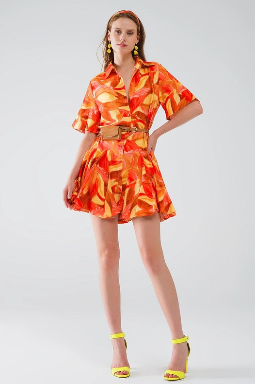 Short Dress with Abstract Print in Brown Red and Brown-Dress-Q2-S-Orange-Urbanheer