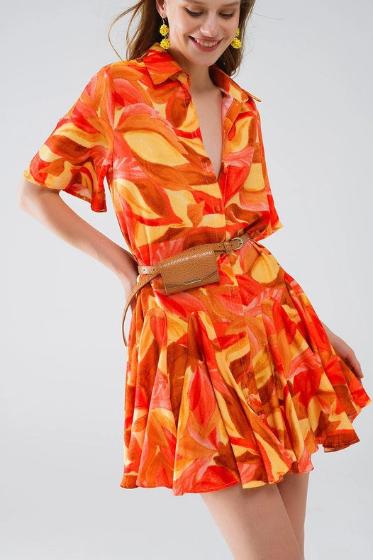 Short Dress with Abstract Print in Brown Red and Brown-Dress-Q2-S-Orange-Urbanheer